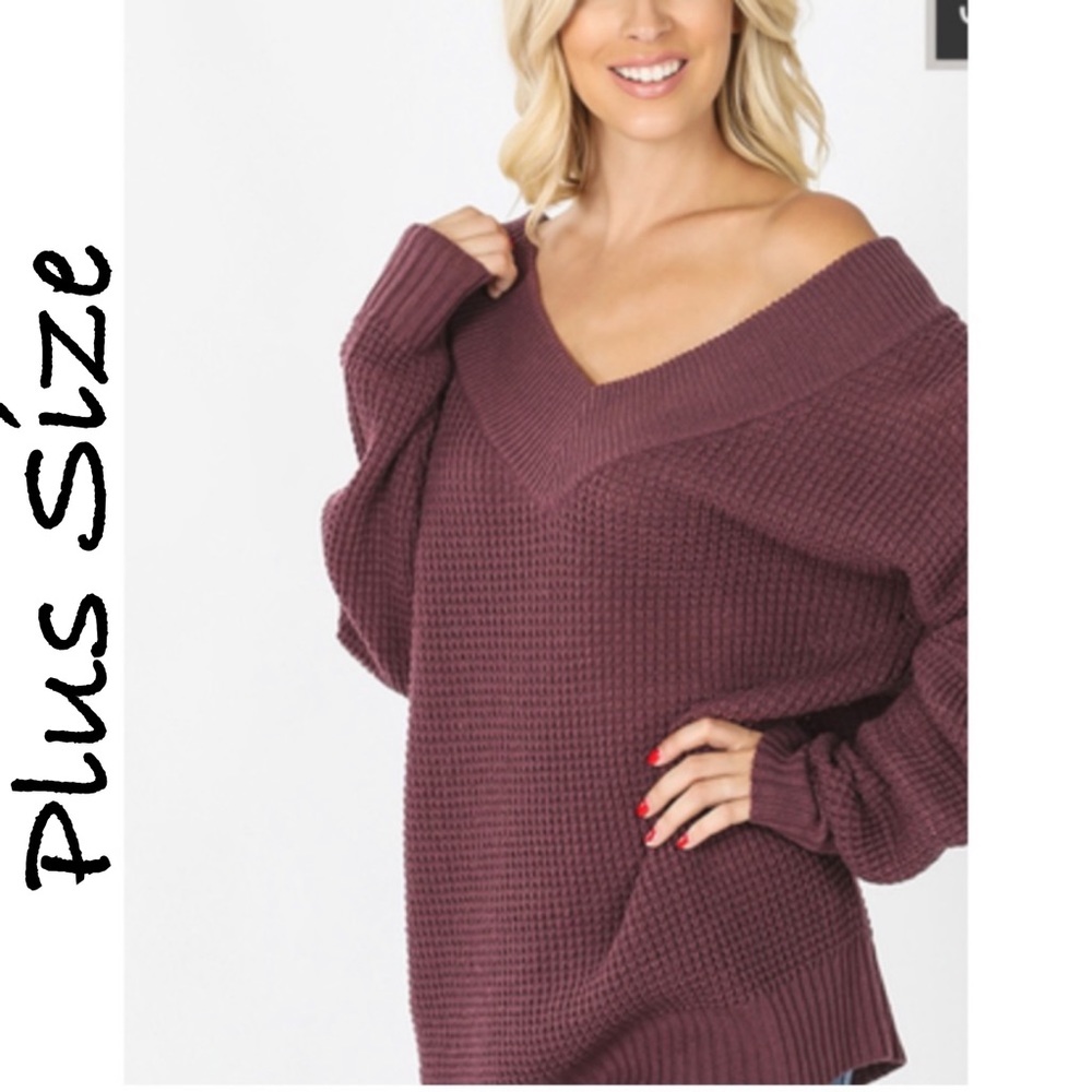 Eggplant purple Waffle knit off shoulder V neck sweater Plus Size 1X 2X 3X